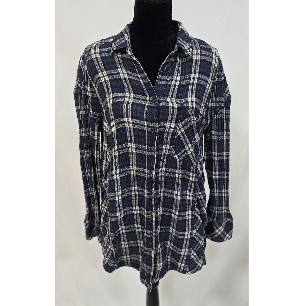 Free People women S/P gauze button down shirt "Nordic Night" plaid boho grunge